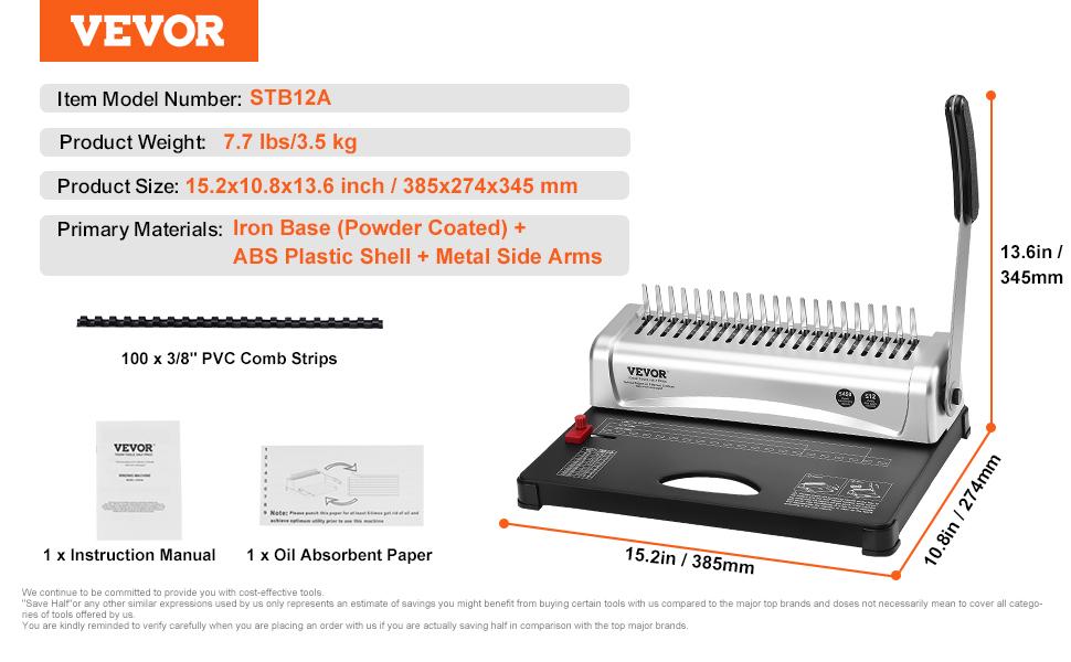 VEVOR Binding Machine, Comb Binding Machine 21-Holes Binding 450 Sheets, Book Binder Machine with 100 PCS 3/8'' Comb Binding Spines, for Letter Size, A4, A5