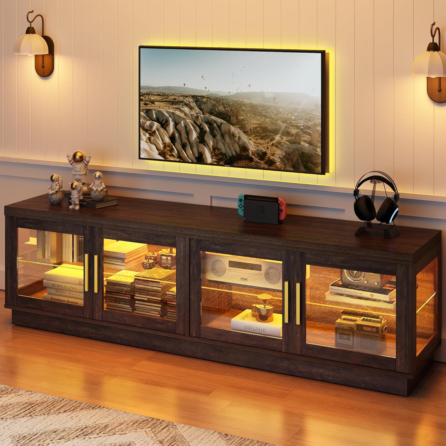 70IN LED TV Stand for 85/80/75 inch TV, Modern High Gloss TV Stand with Glass Display Storage Cabinet, TV Cabinet Entertainment Center Media Console for Living Room,Brown/Black