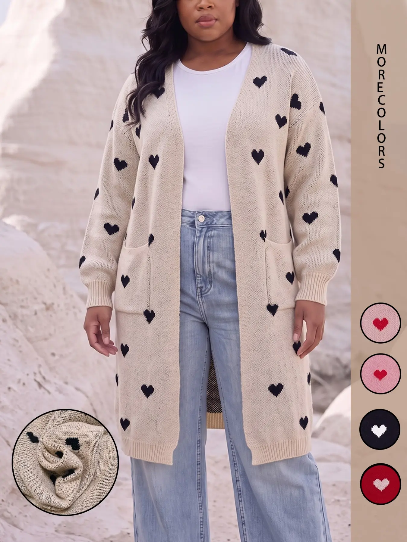 Plus Size Women's Heart Print Long Knit Cardigan, Oversized Loose-Fitting Fall & Winter Outerwear, Sweet Casual Style, Versatile Layering Piece