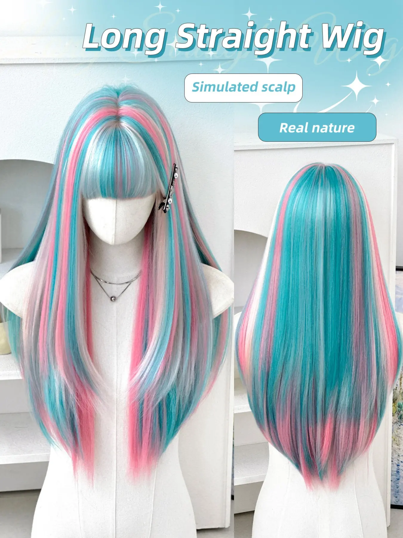 26-Inch Blue Highlights Straight Wig for Women, Soft Heat-Resistant Fiber, Full Lace, Ideal for Daily Wear, Festivals, Graduation Gifts