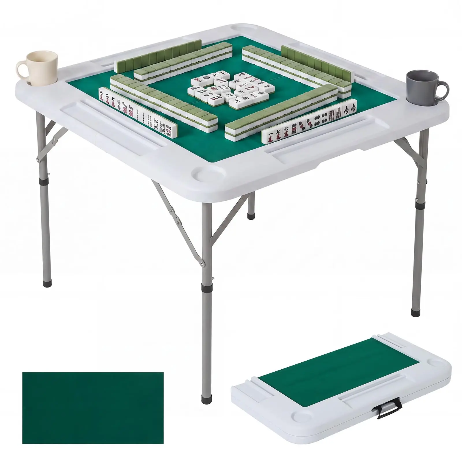 Foldable 34-in Square HDPE Top Mahjong & Card Game Table with Felt, 4 Cup Holders, Portable Indoor Gaming Furniture for Game Nights, Foldable Table