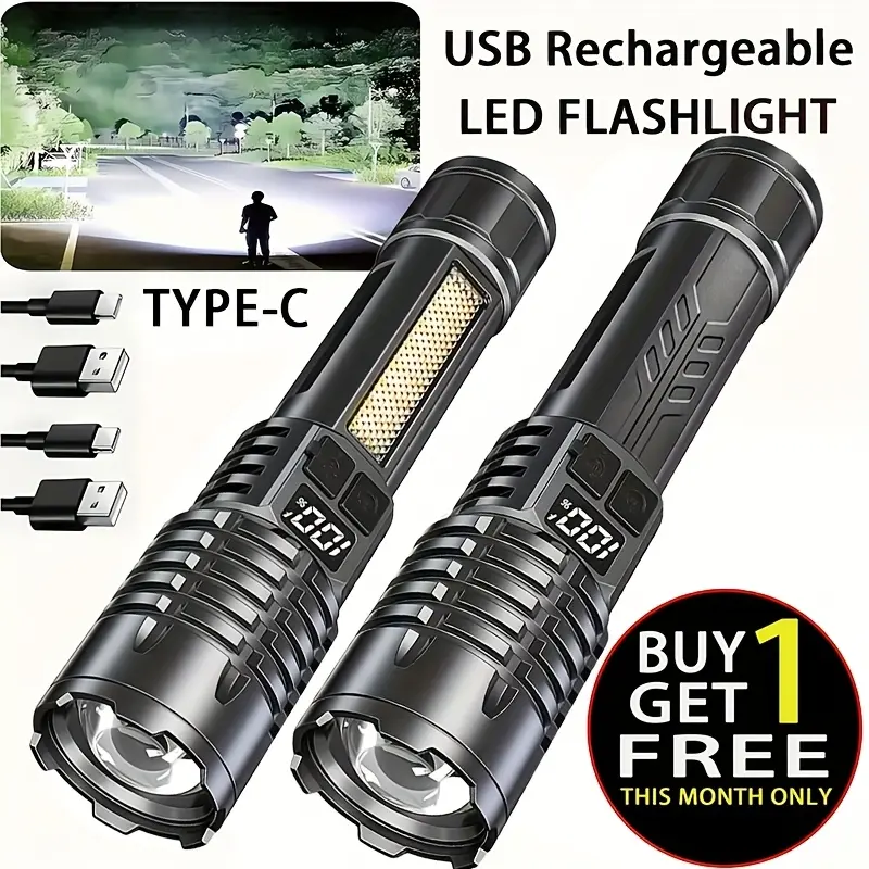 2-Pack High-Brightness LED Flashlights: Super Bright, Rechargeable Tactical Outdoor Lights with 5 Lighting Modes, Digital Display, Zoom Function, and Ultra-Bright Illumination – Essential Tools for Outdoor Camping, Hunting, and Emergency Survival
