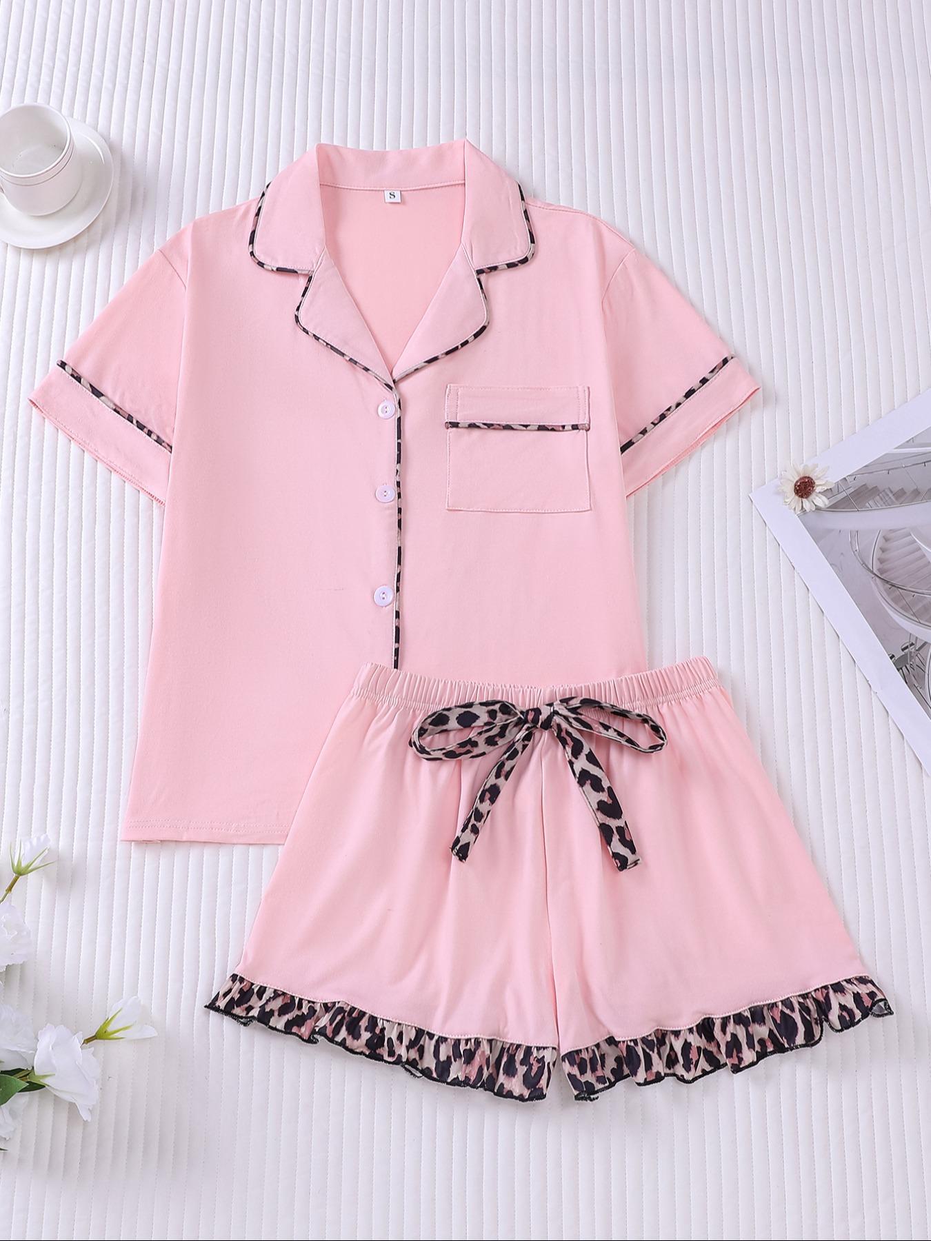 Women's Contrast Binding Pajama Two-piece Set, Short Sleeve Button Up Top & Shorts Pj Set, Casual Comfy Loungewear Set for Women, Nightwear, Casual Sleepwear Set