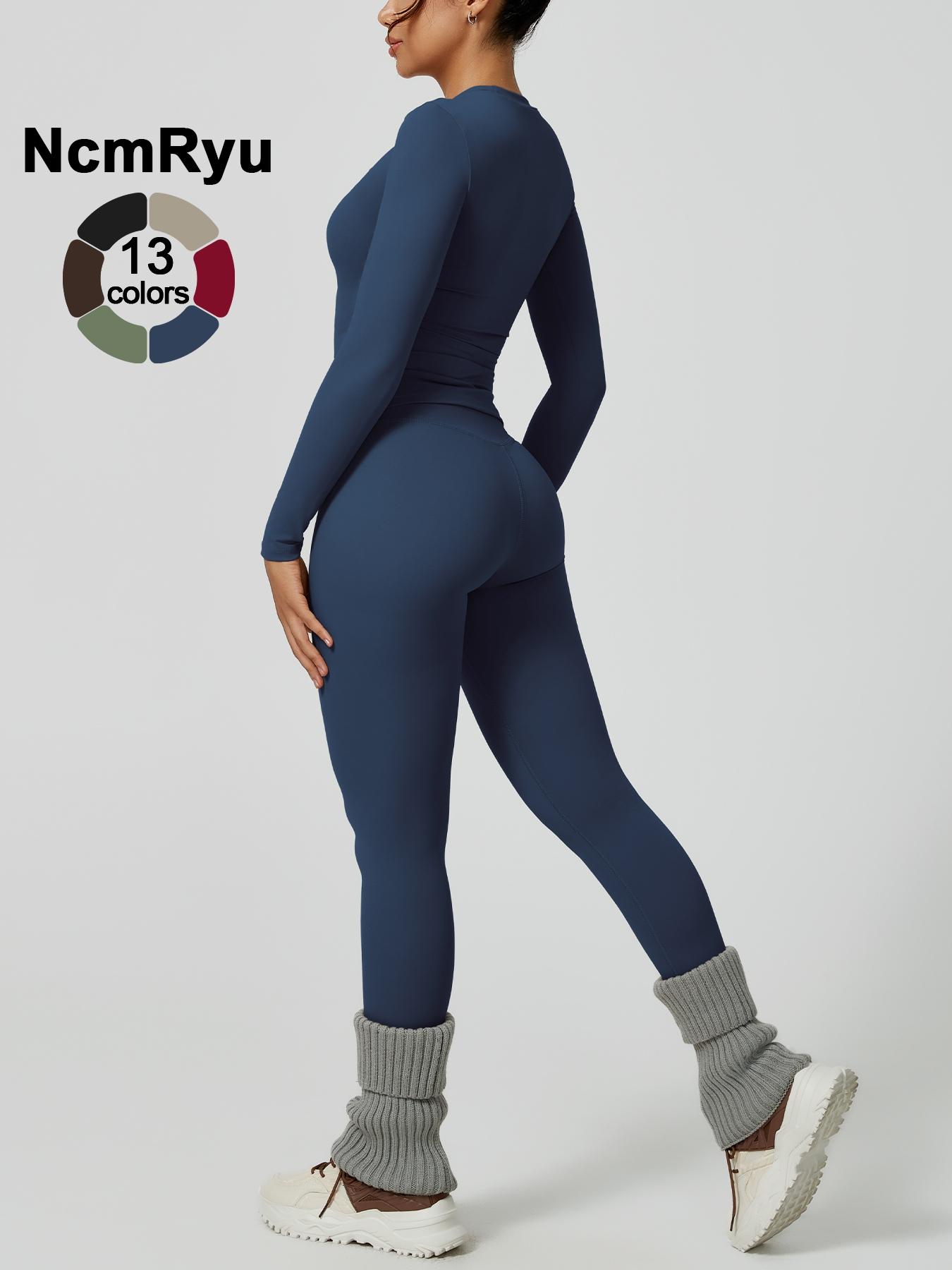 Two-Piece Set Women's Patchwork High Elastic Soft Round Neck Flat Shoulder Long Sleeve Slim Fit Beautiful Hip Tight Pants Yoga Clothes suit Workout Running Clothes Four Seasons Outdoor Running Cycling Hiking Walking Shopping Fashion suit Gym