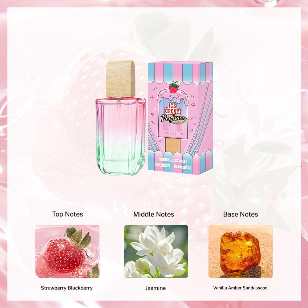 Strawberry Ice Cream Scented Perfume for Women 50ML Top Notes Strawberry Blackberry Middle Notes Jasmine Base Notes Vanilla Amber Sandalwood Juicy Flirty Sweet Scent Skin Like Fragrance Fruit Floral Scent Fruity Fragrance Perfume
