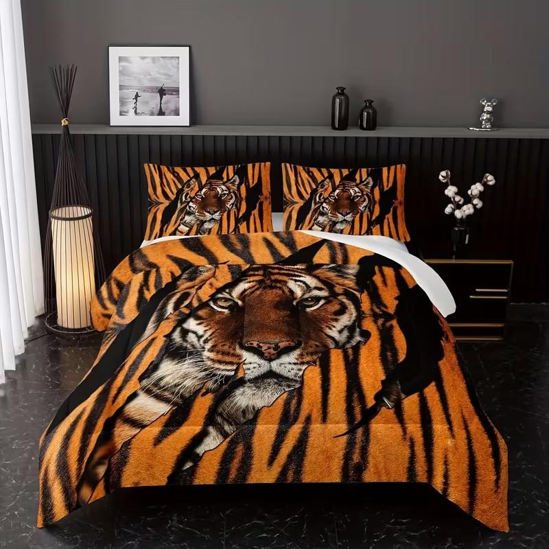 3-Piece Bedding Set, Soft Tiger Fur Quilted Comforter, Lightweight All-Season Animal Bedding, Includes 1 Quilt and 2 Pillowcases