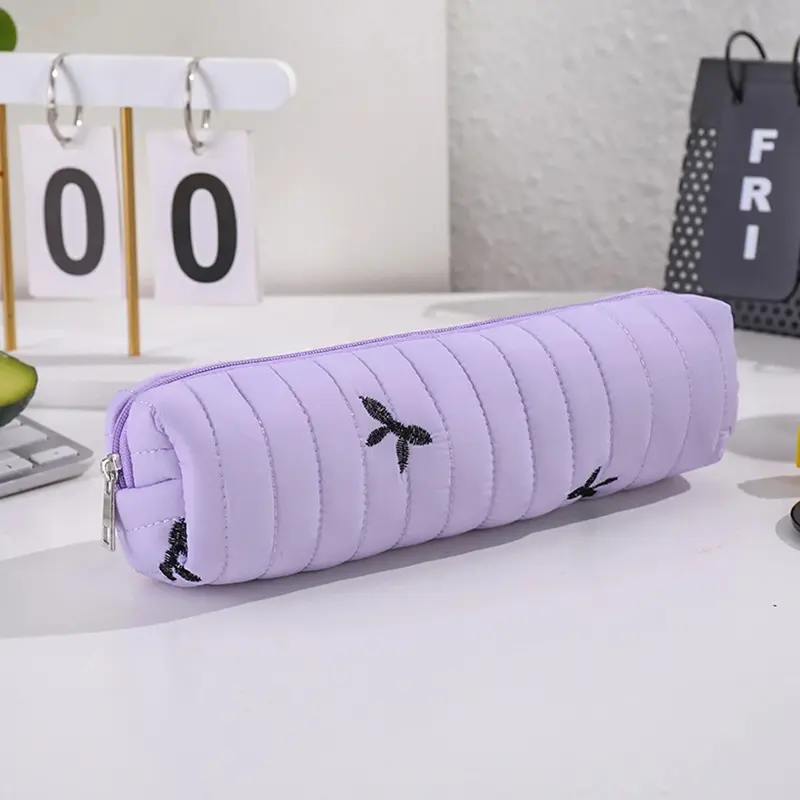 Cute Bow Embroidery Pencil Case, Quilted Zipper Pen Pouch, Portable Stationery Organizer For Students School Office And Daily Use