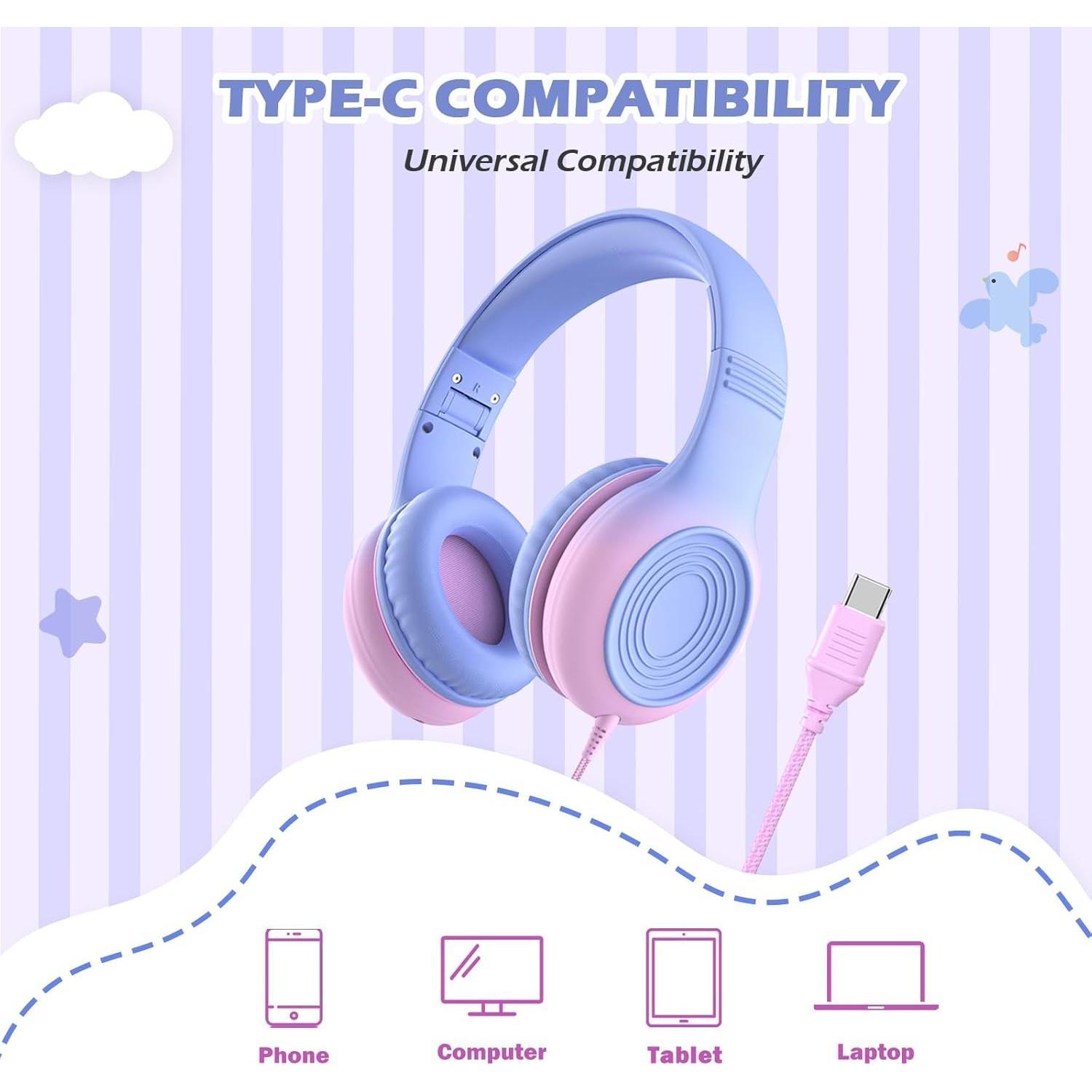 Upgrade USB Type C  Headphones, Wired Headphones for  with Microphone for Boys Girls, Adjustable 85dB/94dB Volume Limited(Light  & )