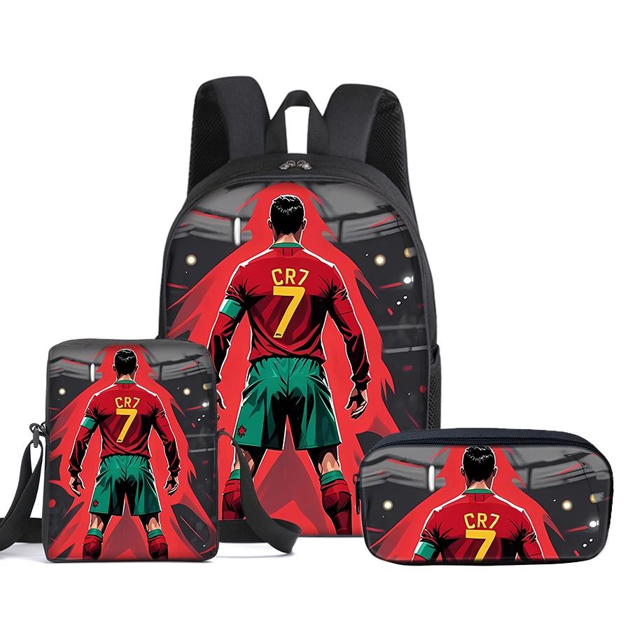 CR7 Football pattern printed 16-inch backpack three-piece set (single-layer backpack + small shoulder bag + single-layer pencil bag)
