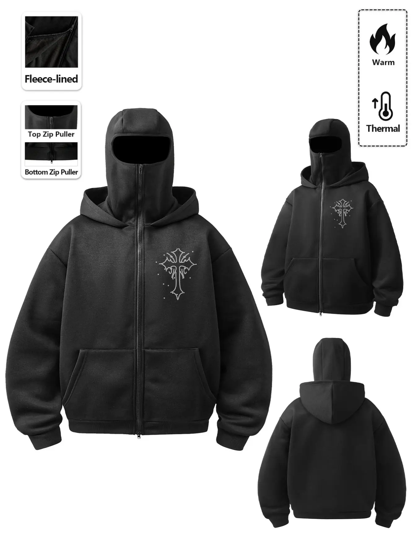 Men's Fleece Lined Hooded Sweatshirt, Cross Stitch Design Ninja Mask, Warm Streetwear Pullover, Fall & Winter Casual Long Sleeve Top