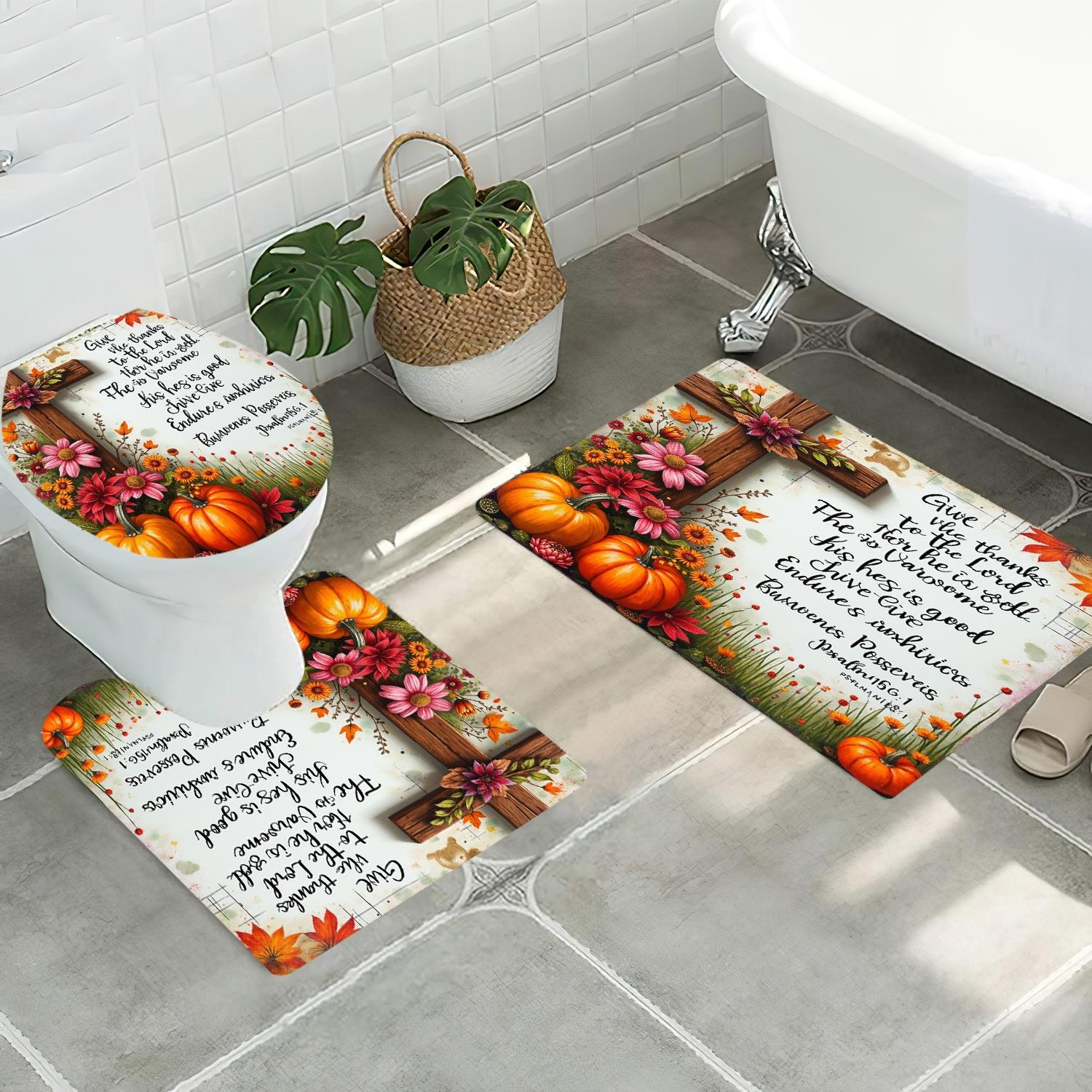 1/3/4PCS Thanksgiving Rustic Cross Flowers Pumpkins Shower Curtain Set with Rugs, Non Slip Bath Mat, U-Shape Carpet, Toilet Lid Cover, Polyester Fabric Bathtub Curtain Accessories, 12 Hooks, Home Bathroom Festival Decor