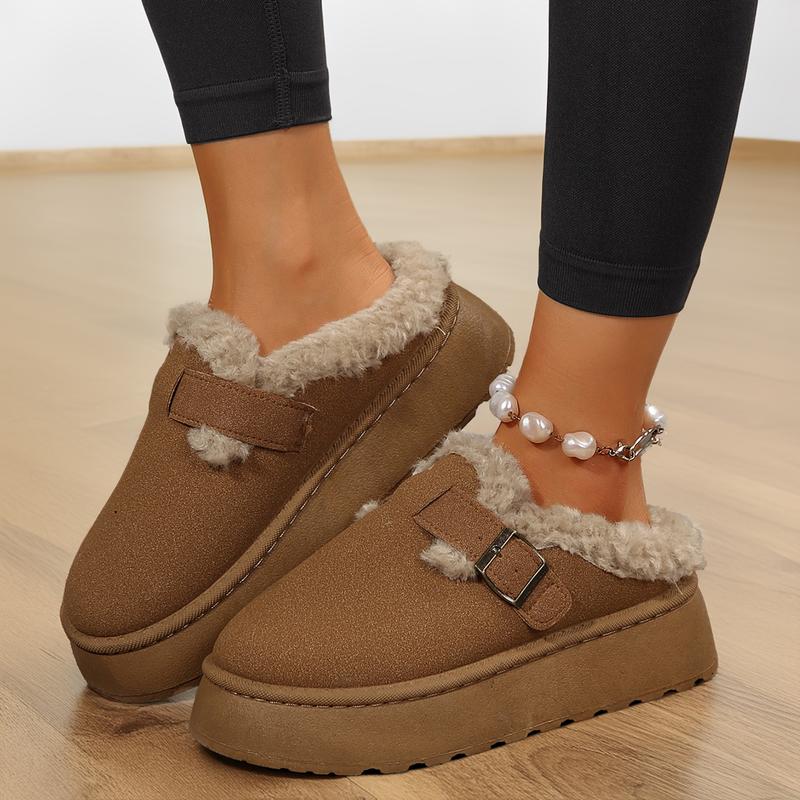 Women's Soft Plush Slip-On Slippers With Buckle Warm Lined Anti-Slip Flat Sole Fashion Wear For Fall Winter