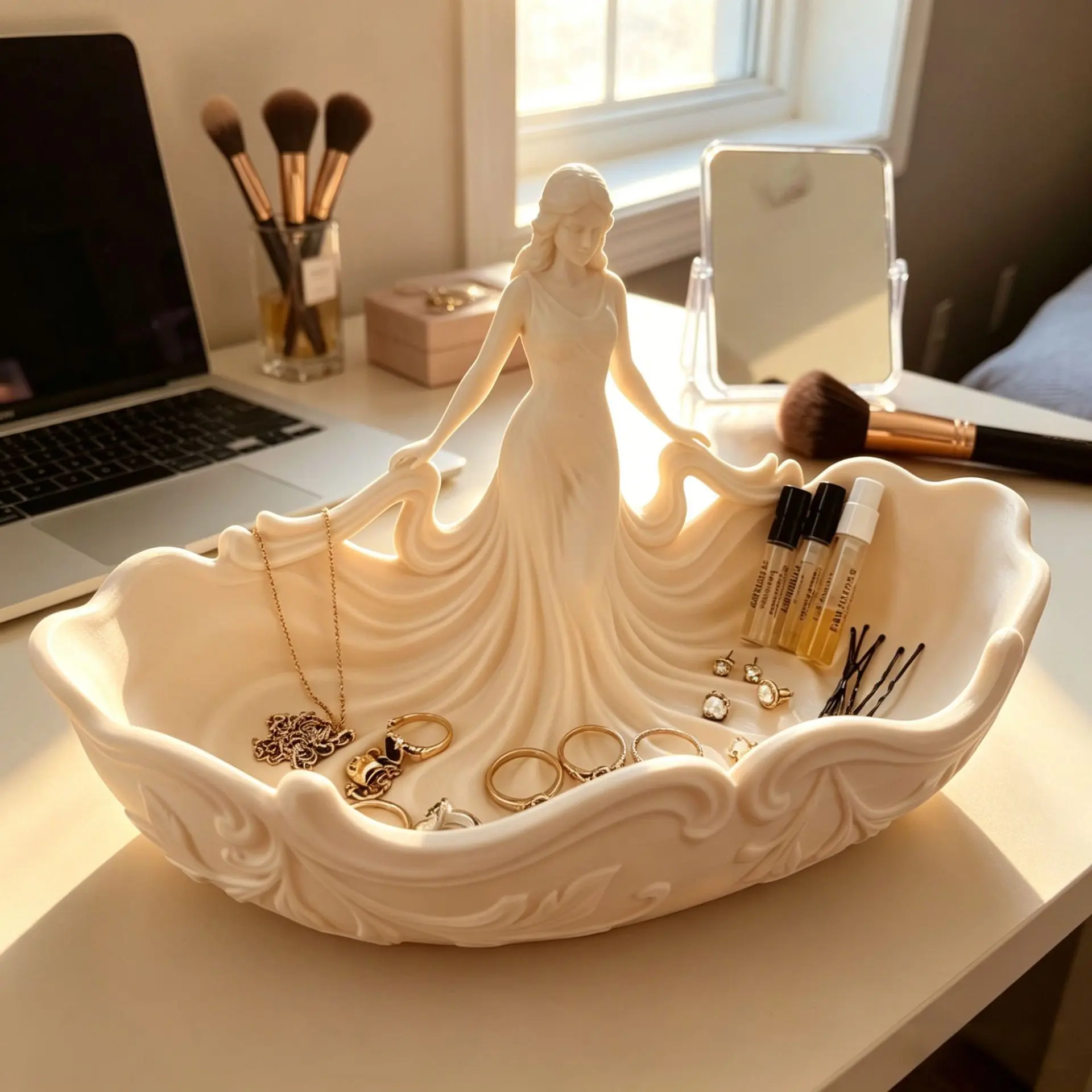 Goddess-Style Resin Decorative Tray - Vintage Greek Angel Statue Jewelry Storage Dish, Vanity Trinket Holder