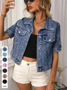 Women's Classic Short Sleeve Denim Jacket, Casual Single Button Short Denim Coat with Pockets, Stylish and Comfortable Outerwear