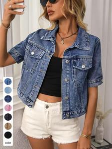 Women's Classic Short Sleeve Denim Jacket, Casual Fashionable Outerwear Single Button Short Denim Coat with Pockets, Stylish and Comfortable Outerwear Tops