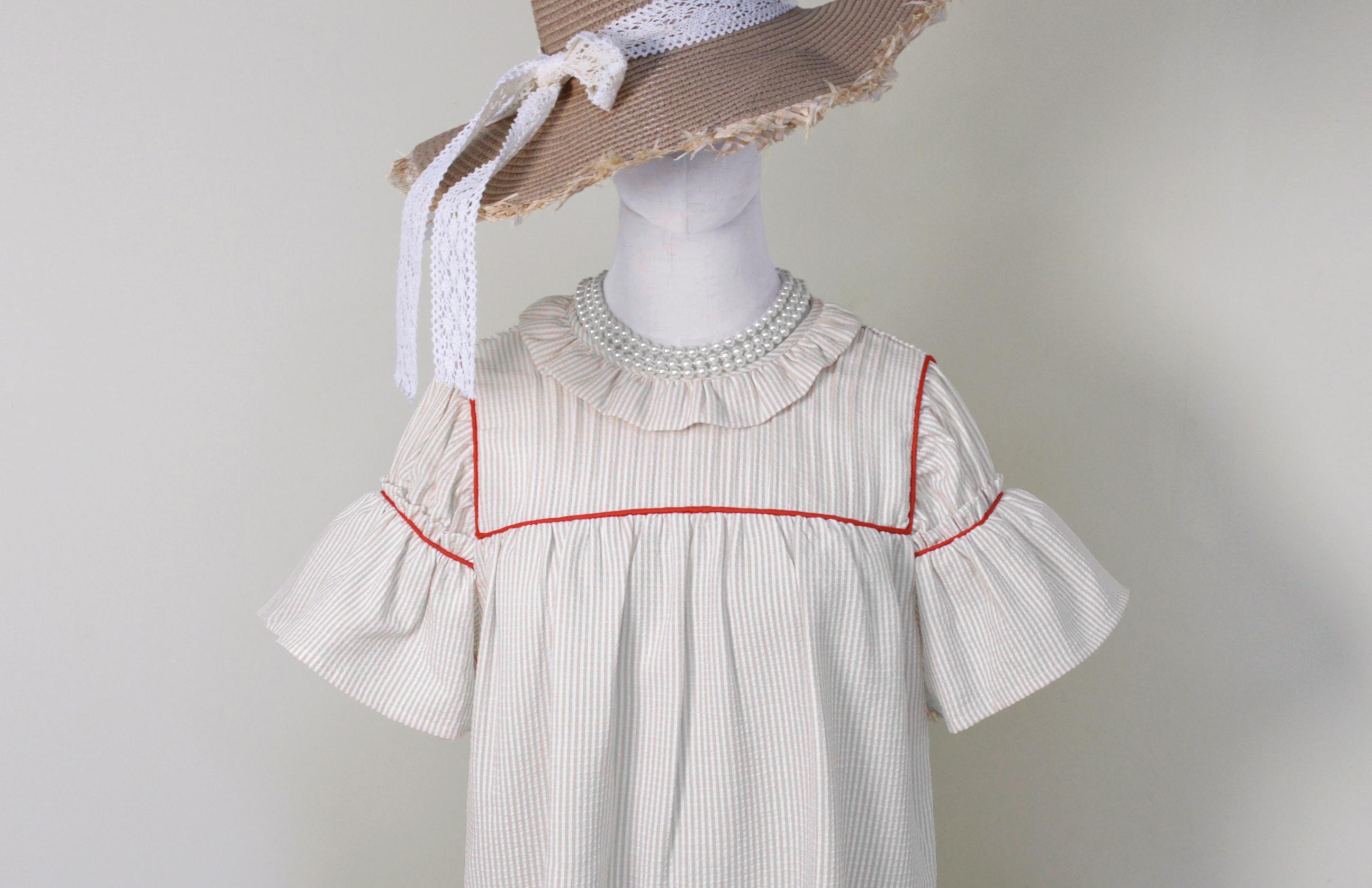 SageVell Beige/Blue Striped Pleated Blouse with Ruffle Sleeves & Red Contrast Trim Top, Round Neck Short Cotton-blend Shirts for Women