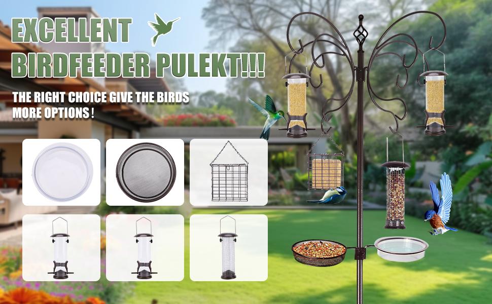 93 Inch Squirrel Proof Bird Feeder Pole Station with 4 Feeders Water Tray Food Tray & Spring for Outdoor Use Enhanced Stability Easy Clean Design