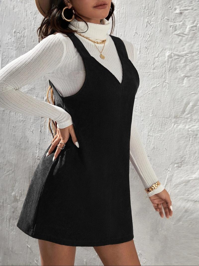 Women's Solid Color Corduroy Vest Dress without Sweater, Casual Sleeveless Straps Short Dress for Daily Wear, Ladies Clothes for All Seasons