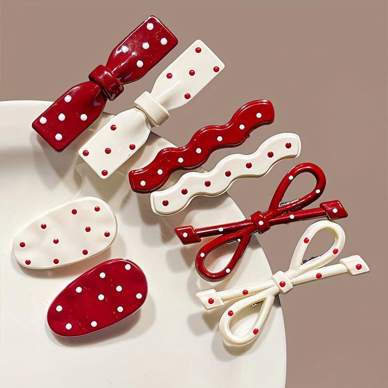 8Pcs Red‑White Polka‑Dot Hair Clip Set, Bow & Wavy‑Shaped Decor Side Barrettes, Sweet Multi‑style Decorative Hair Pins, Trendy All‑match Hair Accessories for Women Girls Daily Hairstyle