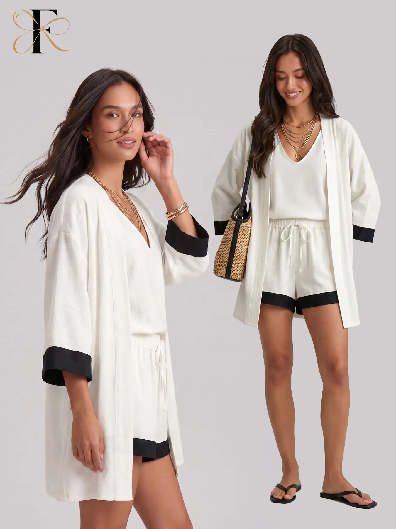 Women's 3 Piece Outfits, V-Neck Tank Top, Contrast Trim Kimono Open Front Cardigan & High Waist Drawstring Shorts, Spring Summer Casual Elegant Co-ord Sets, Casual Everyday Set, Suitable for Daily Dating, Home Wear, Vacation, Commute & Office