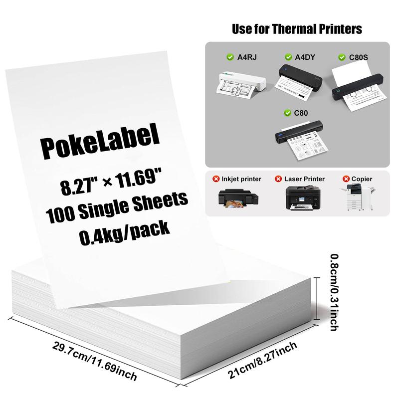 Portable Inkless Thermal Printer, A4 Size, Prints Documents & Labels, Wireless Connection, USB Charging, Ideal for Travel & Office