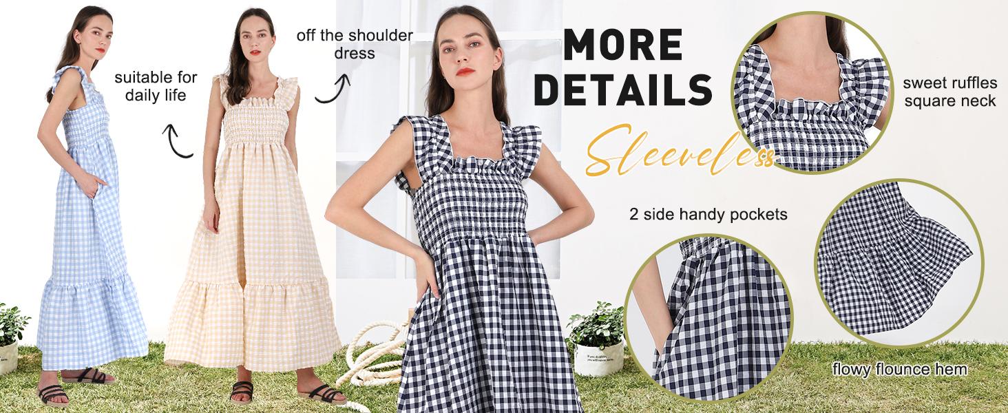 Chouyatou Women's Retro Plaid Smocked Dress Spaghetti Strap Flounce Long Casual Sleeveless Flowy Evening Fashion Basic with Pockets Womenswear Cute Elegant Sky SpringStatements