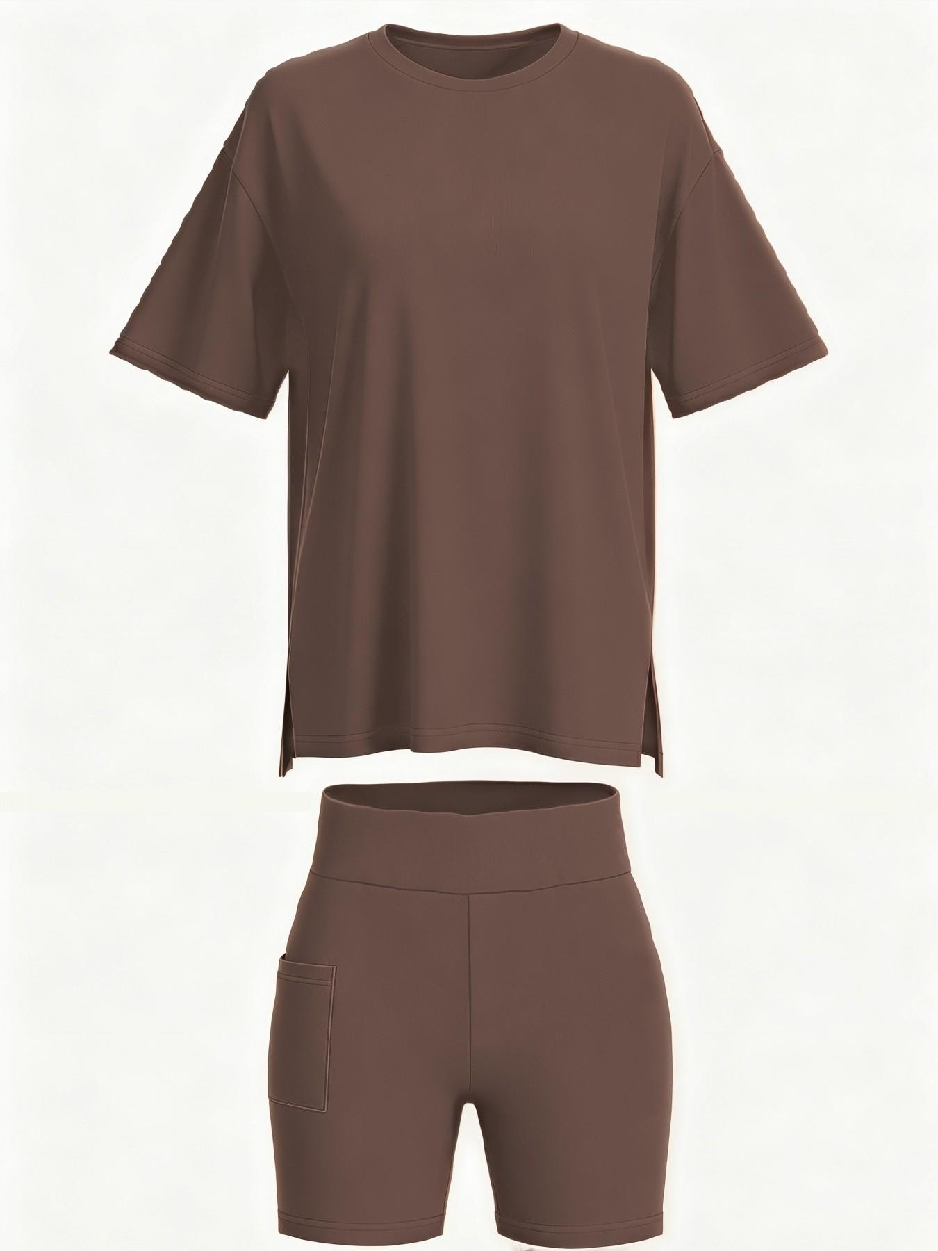 Women's Solid Color 2-Piece Set, Round Neck Loose T-Shirt and Pocket Tight Shorts, Comfort Summer Loungewear Pajamas, Suitable for Outdoor Wear