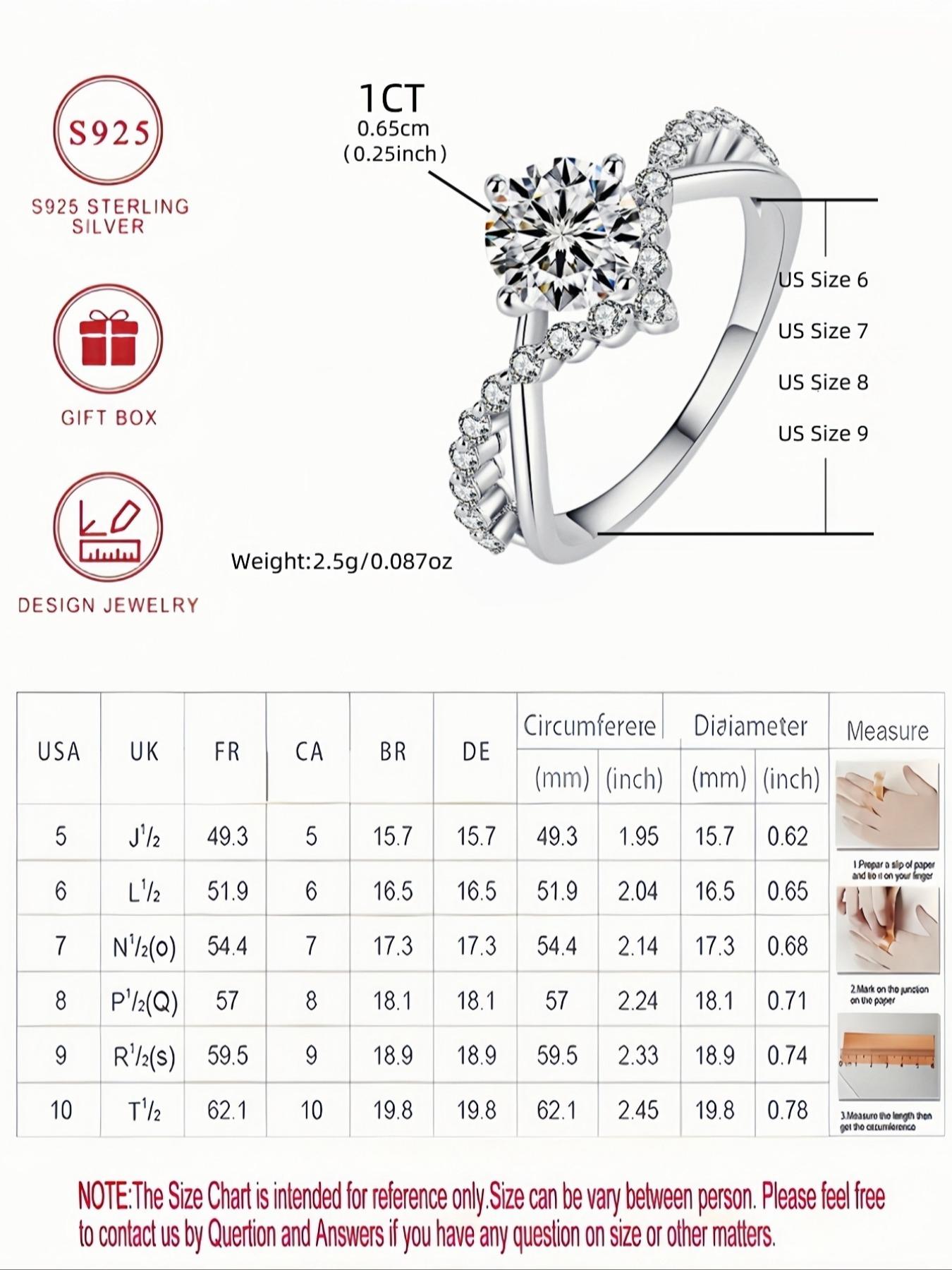S925 Sterling Silver 1 Carat Synthetic Moissanite Ring, Luxury Wedding Engagement Ring for Women, Trendy All-match & Exquisite Jewelry for Birthday Gift