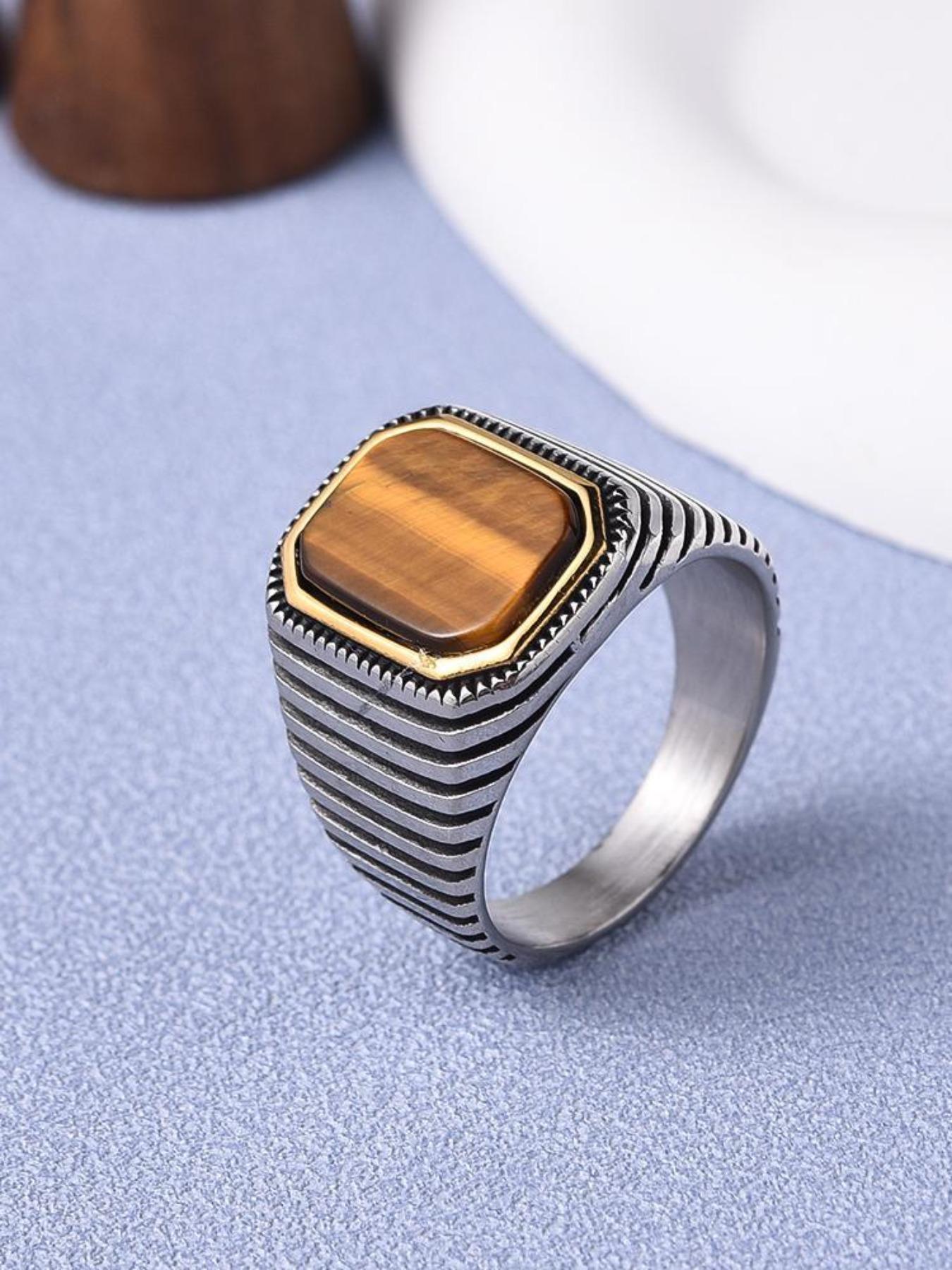 Men's Luxury Gemstone Ring, 18K Gold Plated Stainless Steel, Red Corundum Square Diamond with Strong Design Sense