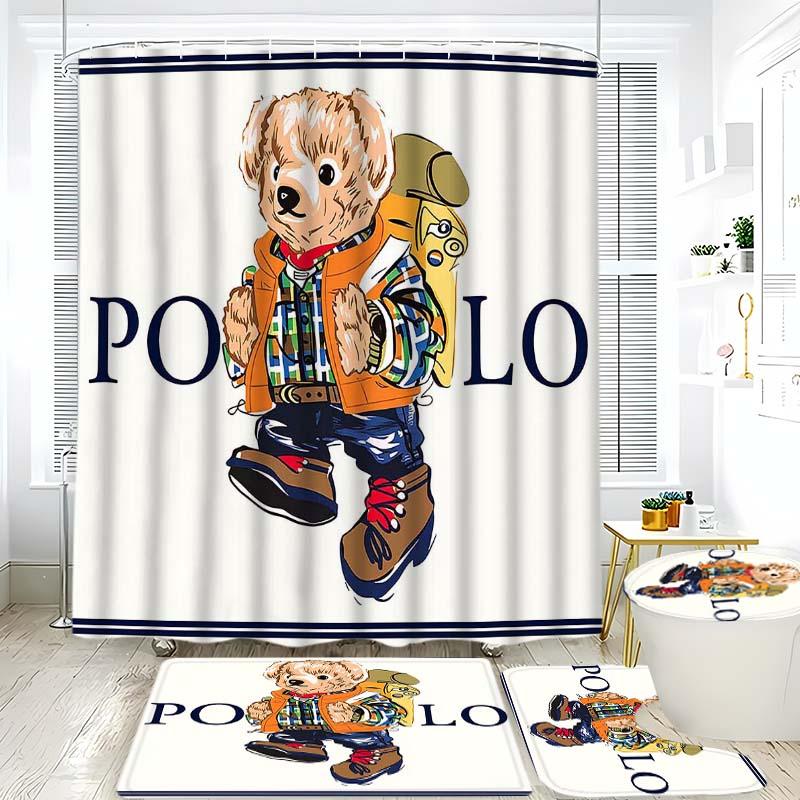 Polo Fashion Bear Shower Curtain Set, Bathroom Decor Accessories with 12 Hooks, Non-Slip Bath Mat and U-Shaped Toilet Lid Cover