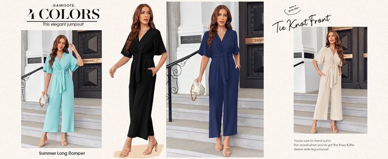 FMEYOA Womens Wide Leg Jumpsuits Short Sleeve V Neck Tie Knot High Waist Summer Long Romper