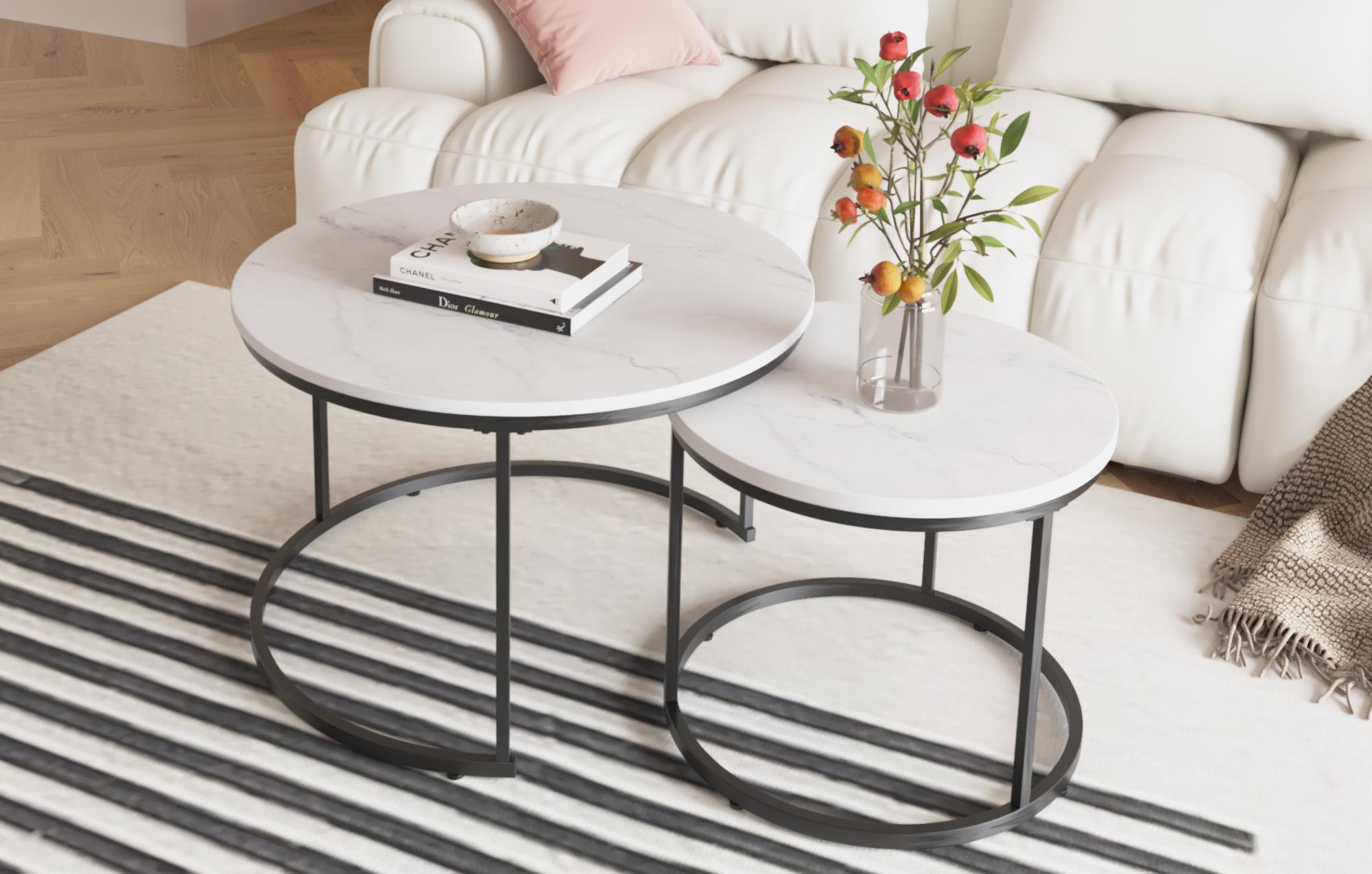 27.6 in Round Shape Nesting Coffee Table Set of 2 - Wood Pattern Tabletop, Sturdy Metal Frame, Indoor-Outdoor End Side Table for Living Room, Bedroom
