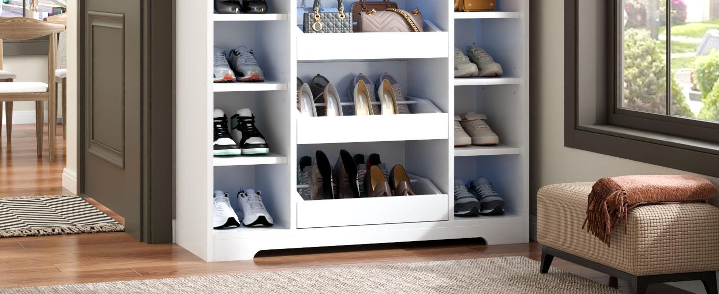 Shoe Storage Cabinet with 5 Drawers & 12 Shelves, Modern LED Shoe Rack & Handbag Storage Cabinet, Freestanding Shoes and Handbag Storage Organizer for Closet