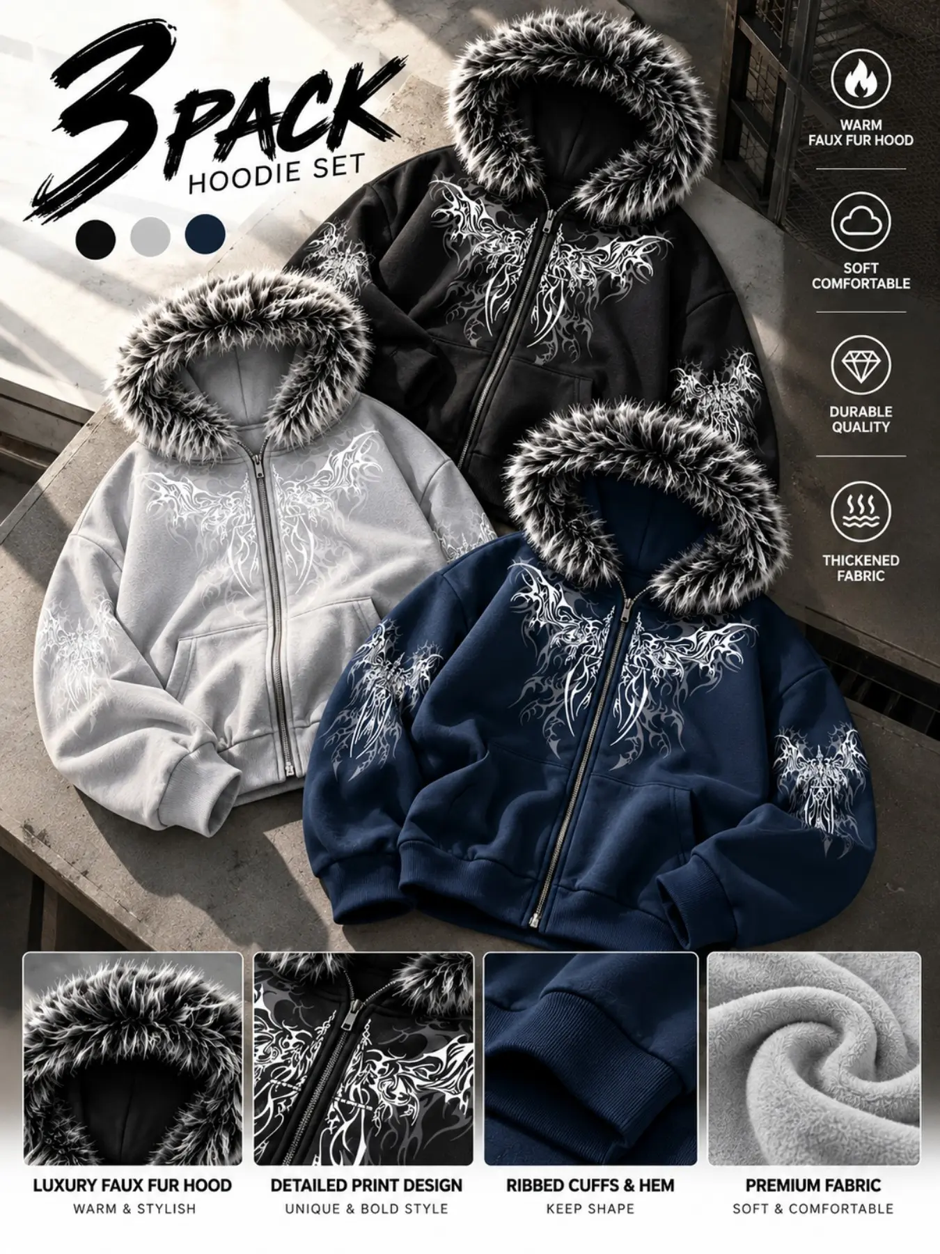 Neutral Y2K Gothic Angel Print Hooded Jacket, Fleece Lined, Zipper Style, Streetwear, Pockets, Casual Comfort, Warm, Outdoor & Daily Wear, Winter