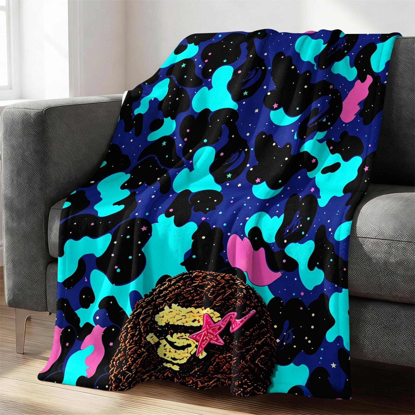 All Season Flannel Blanket, Purple Camouflage Street Cartoon Graphic Fleece Throw Blanket, Monkey Head With Red Star Pattern Warm Nap Blanket, Portable Travel Home Decor Blanket