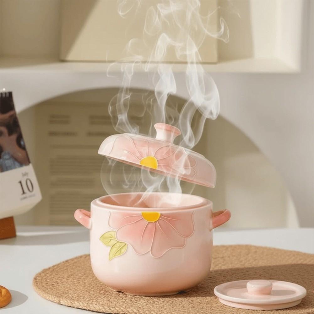 Cherry Blossom Pattern Ceramic Covered Steamer Pot, Food Steamer, 600ML Capacity, Elegant Dual Lid Soup Bowl, Ideal Gift for Kitchen and Restaurants