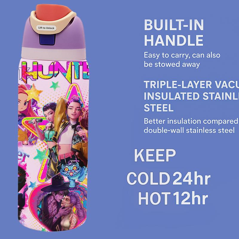 AuraCup 1pc 19/24/32oz KPop Demon Hunters Stainless Steel Tumbler, Anime Boys Comic Print, with Lid and Straw, Keep Hot 12H / Ice Drinks 24H, Great for Travel, Office, Unique Gift for music Lovers, KPop Demon Hunters, Fun Gift for Teens or Pop Culture Fan