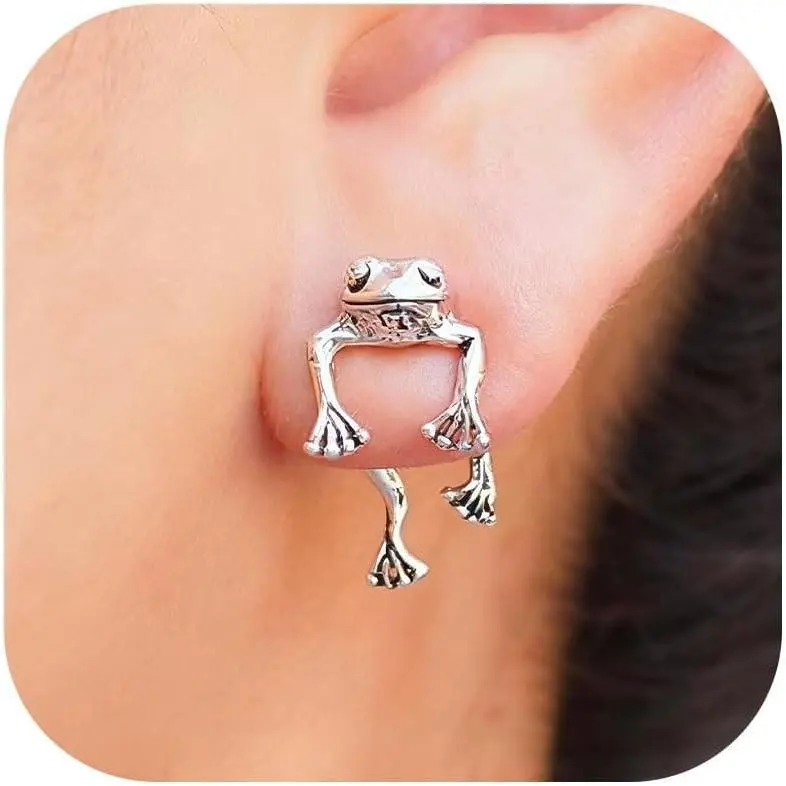 Vintage Frog Shaped Stud Earrings for Women - Cute 3D Animal Earrings, Funny Whimsical Jewelry, Unique Christmas Gifts Stocking Stuffers