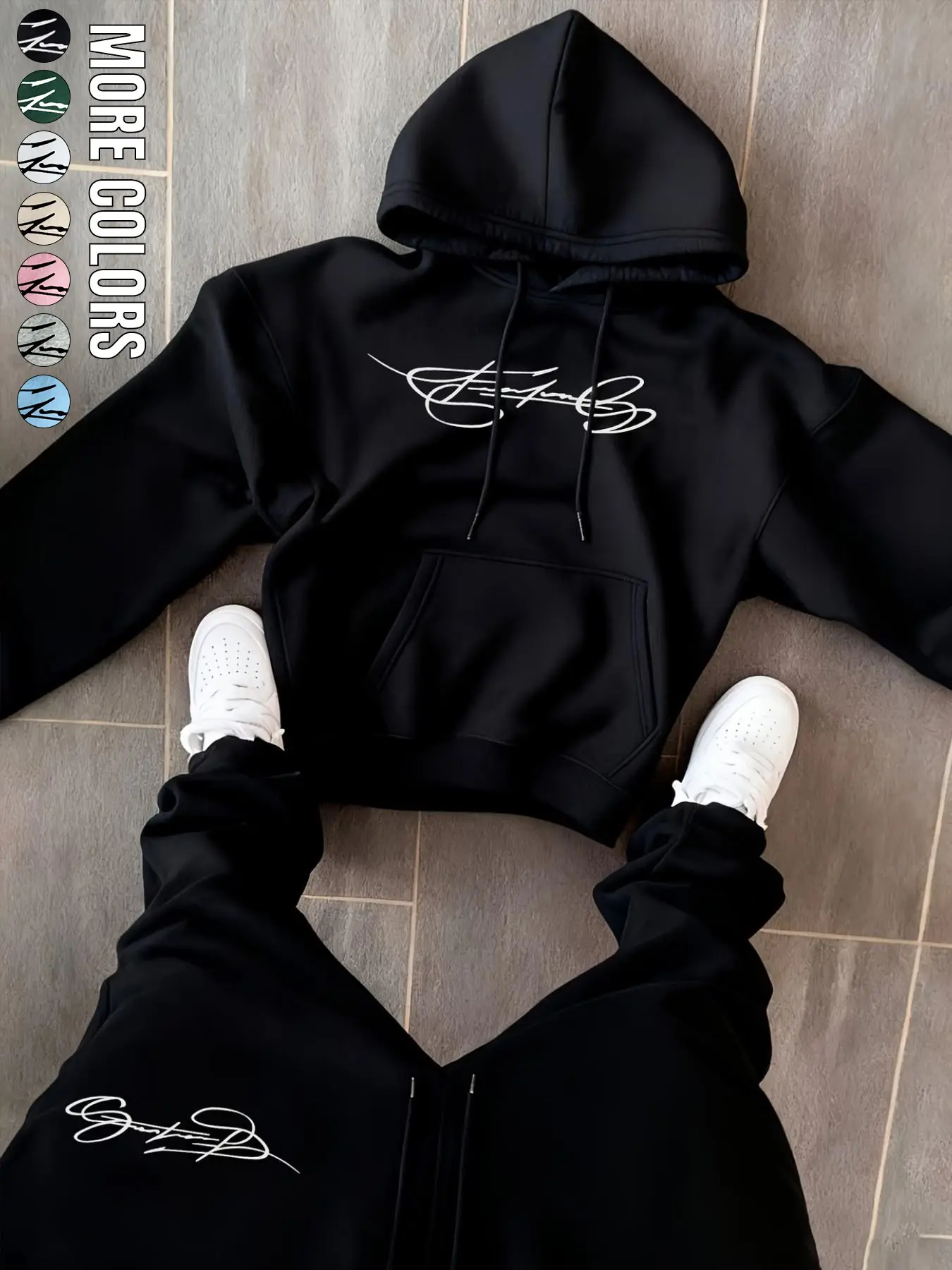 American Street Style Handwritten Signature Print Short Hoodie Set, Drawstring Wide Leg Sweatpants Two-Piece Set, Casual Slim-Fit