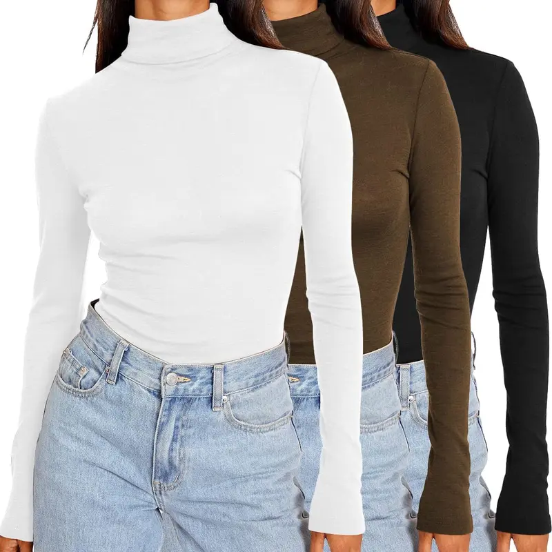 【US Shipping】Women's Comfy 3-Piece Stretchy Modal Plain High Neck Set - Slim-Fitting Turtleneck/Mock Neck Long Sleeve, Solid Winter Thermal, Fall 2025 Casual Tops, Lightweight Underwear