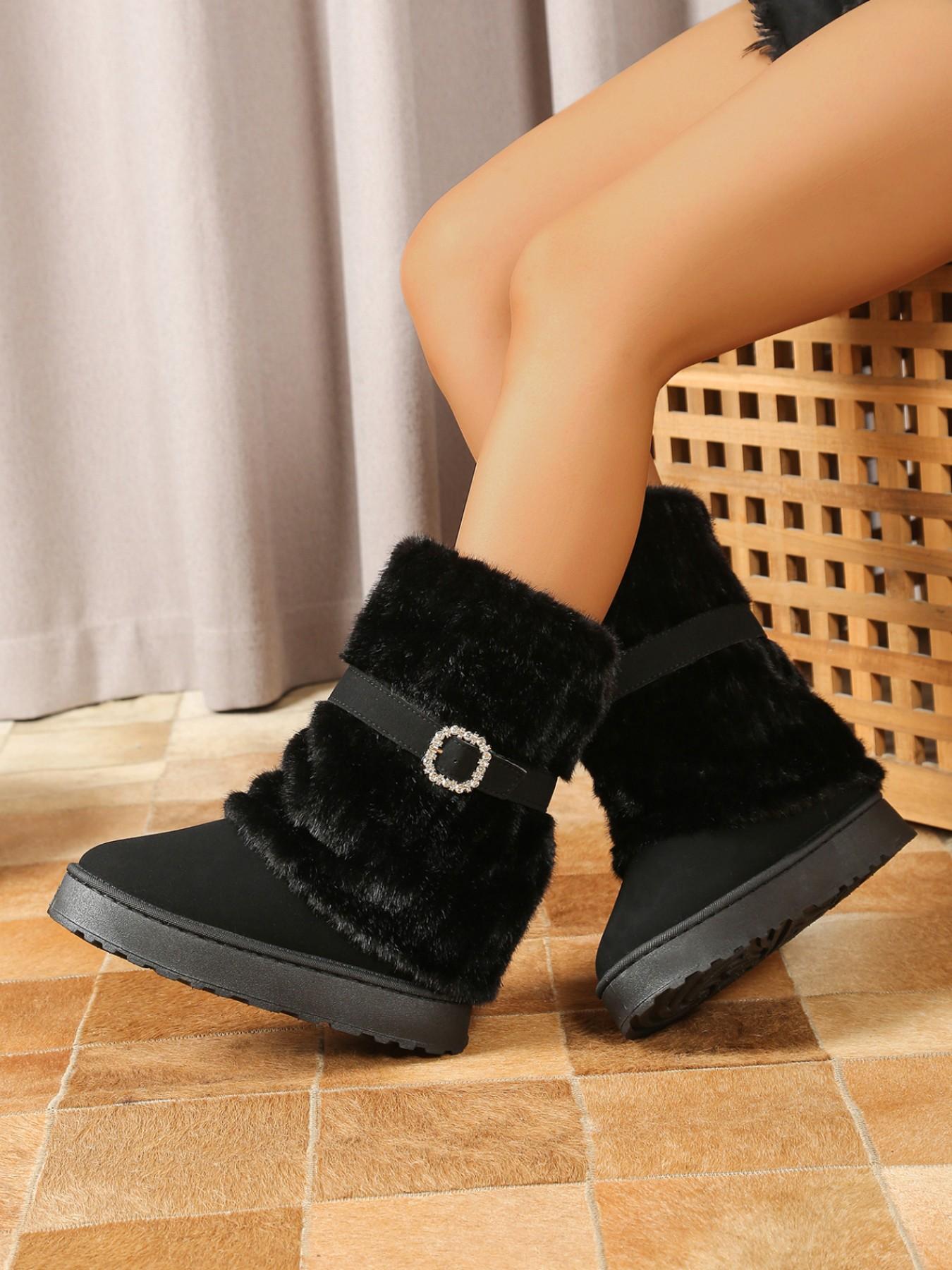 Women's Plush Mid-Calf Snow Boots, Rhinestone Buckle, Easy-On Design, Thick Lining, Rubber Sole, Round Toe, Winter Fashion