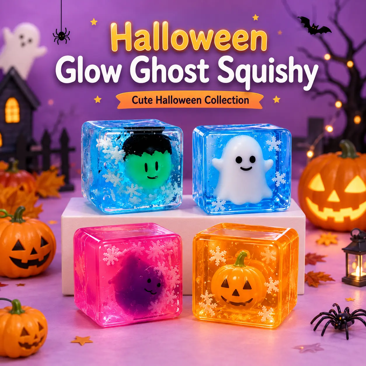 Halloween Glow Ghost Ice Cube Squishy Toy Floating Snowflake Crystal Gel Block Spooky Monster Pumpkin Stress Relief Squeeze Toy Glowing Sensory Fidget Toy Party Favor Goodie Bag Fillers Kids Adults