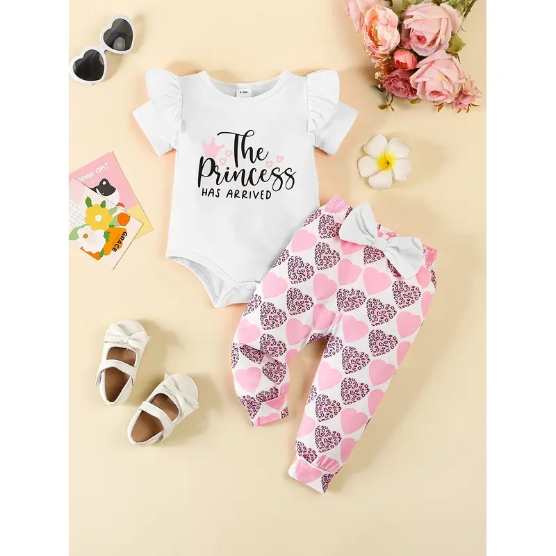 Newborn Baby Girls Summer Letter Print Short Sleeve Romper and Long Pants 2 Piece Set