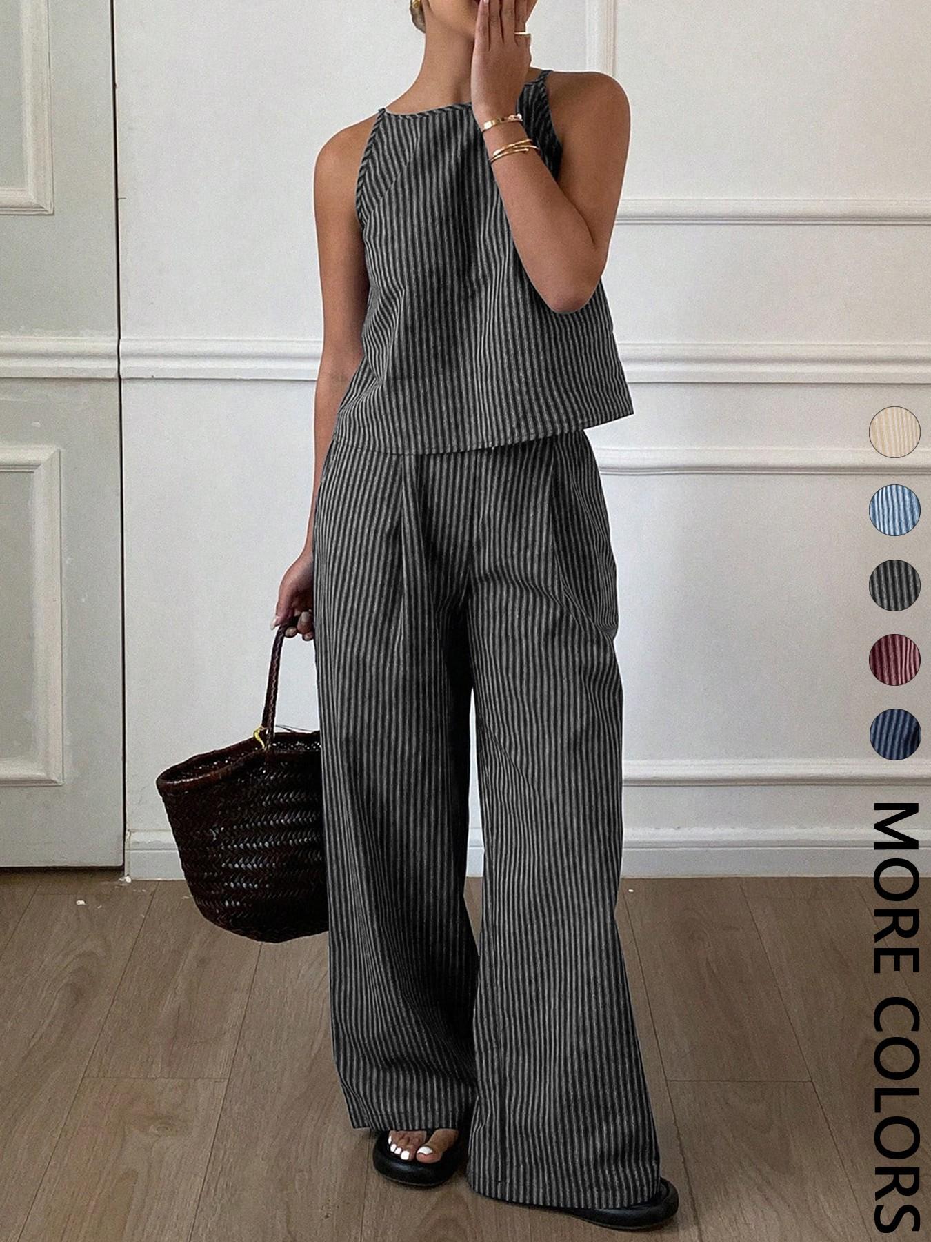 Two-Piece Women's Casual Summer Striped Lightweight Spaghetti Strap Sleeveless Top & Loose Long Pants Outfit Set, Comfortable Stylish Set Two-Piece Women's Casual Summer Striped Lightweight Spaghetti Strap Sleeveless Top & Loose Long Pants Outfit Set, Comfortable Stylish Set