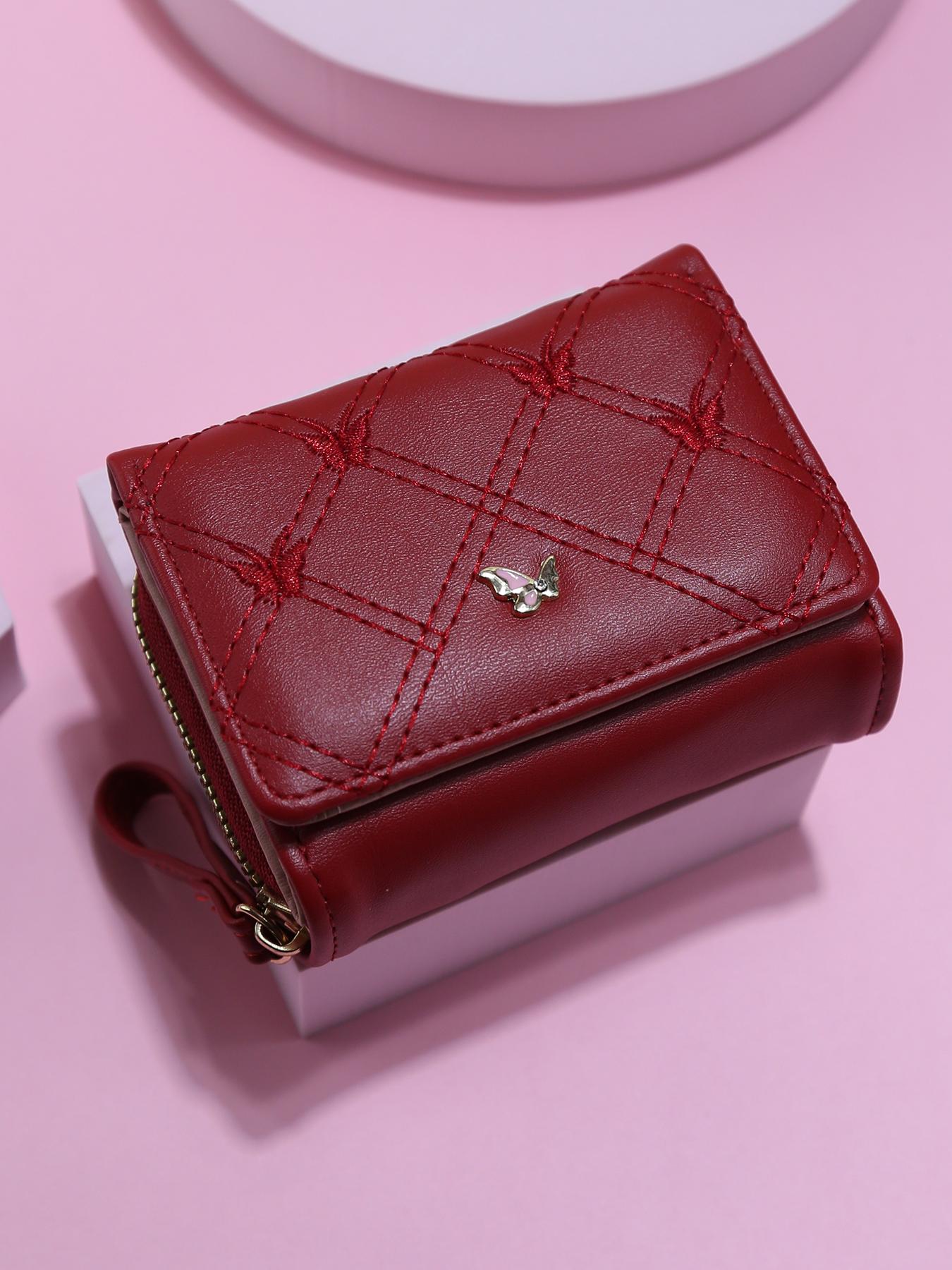 Trendy Mini Soft Leather Wallet for Women, Diamond Pattern Butterfly Metal Decoration, Multi-Card Slot ID Holder Handbag Portable Coin Purse