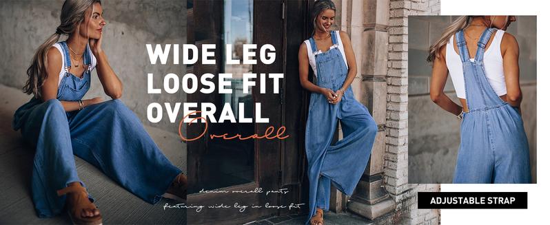 Chouyatou Women's Loose Adjustable Strap Wide Leg Denim Bib Overall Jeans Pants