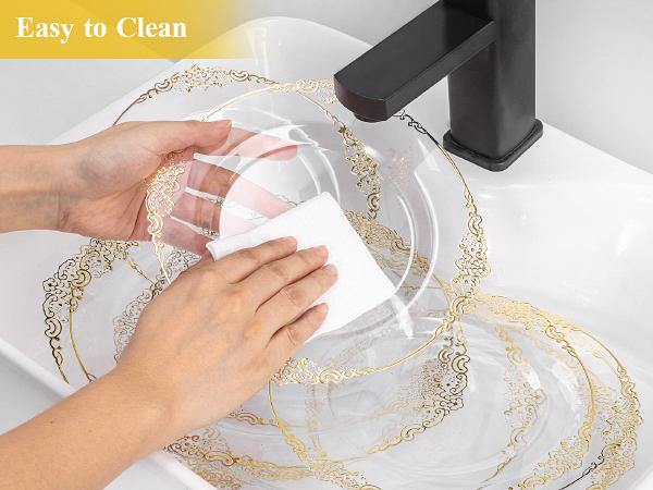 Bestluck 100PCS Clear & Gold Plastic Plates 50 Dinner 50 Dessert for Weddings Birthdays Baby Showers Christmas Anniversaries Elegant Design BPA Free Disposable Cups