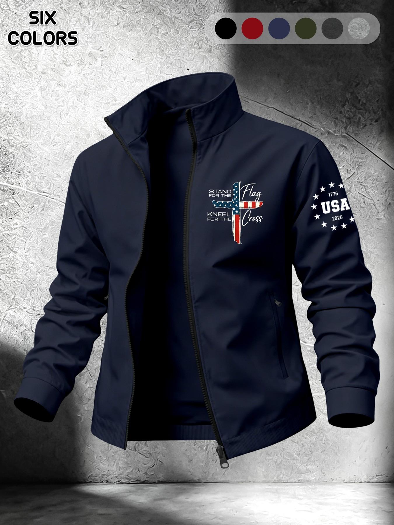 Men's Spring Summer Lightweight Stand Collar Long Sleeve Casual Jacket, American Flag Cross Faith Print, Dual Zipper Pockets, Daily Commute Outdoor Wear