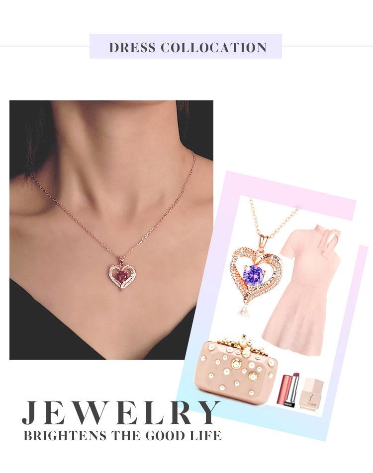 Elegant Birthstone Heart Necklace with Engraved I Love You to the Moon and Back, Rose Gold Heart Pendant, Bridesmaid & Lover Gift