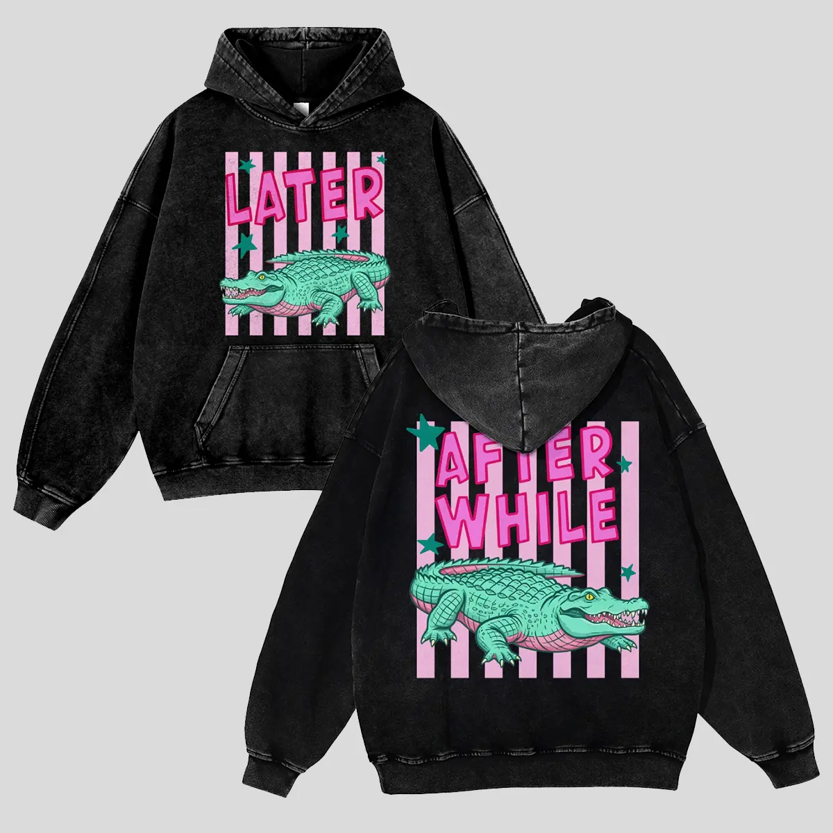 Unisex See you later, alligator, pink striped four-pointed star crocodile Graphic Washed hoodie Personalized Pattern Y2k Clothing Round Neck Washed hoodie,Women's Clothing 100% Cotton, Menswear, Top, Vintage Style,Summer Casual Oversized